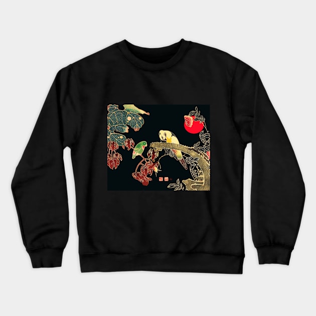 PARROTS ON A BRANCH OF A FLOWERING ROSE BUSH Antique Japanese Floral Crewneck Sweatshirt by BulganLumini